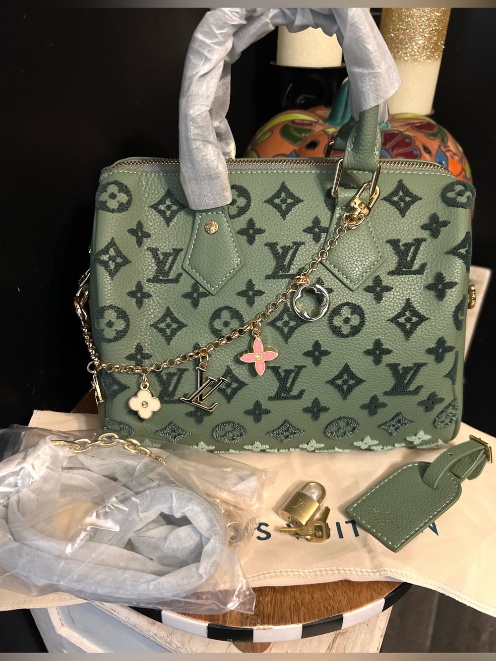 FASHION DESIGNER SAGE GREEN Monogram Satchel-NWOT - Picture 6 of 13